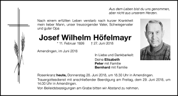 Traueranzeige von Josef Wilhelm Höfelmayr von Memminger Zeitung