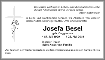 Traueranzeige von Josefa Besel von Allgäuer Zeitung, Kaufbeuren/Buchloe