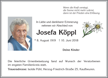 Traueranzeige von Josefa Köppl von Allgäuer Zeitung, Kaufbeuren/Buchloe