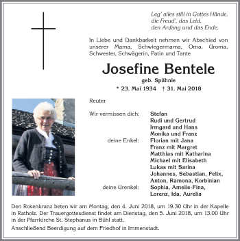Traueranzeige von Josefine Bentele von Allgäuer Anzeigeblatt