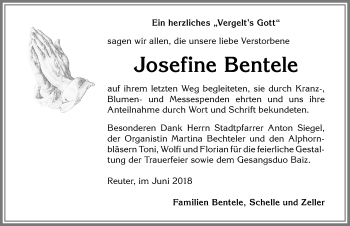 Traueranzeige von Josefine Bentele von Allgäuer Anzeigeblatt