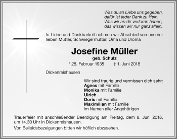 Traueranzeige von Josefine Müller von Memminger Zeitung