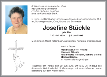 Traueranzeige von Josefine Stückle von Memminger Zeitung