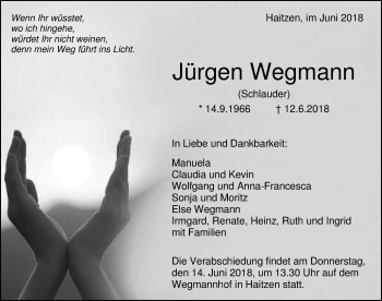 Traueranzeige von Jürgen Wegmann von Memminger Zeitung