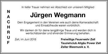 Traueranzeige von Jürgen Wegmann von Memminger Zeitung