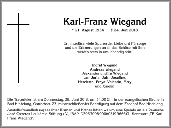 Traueranzeige von Karl-Franz Wiegand von Allgäuer Anzeigeblatt