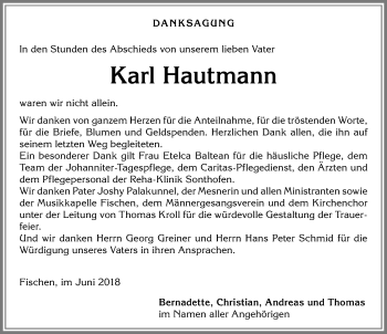 Traueranzeige von Karl Hautmann von Allgäuer Anzeigeblatt