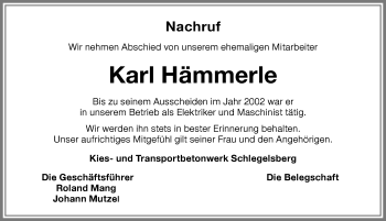 Traueranzeige von Karl Hämmerle von Memminger Zeitung