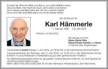 Traueranzeige von Karl Hämmerle von Memminger Zeitung