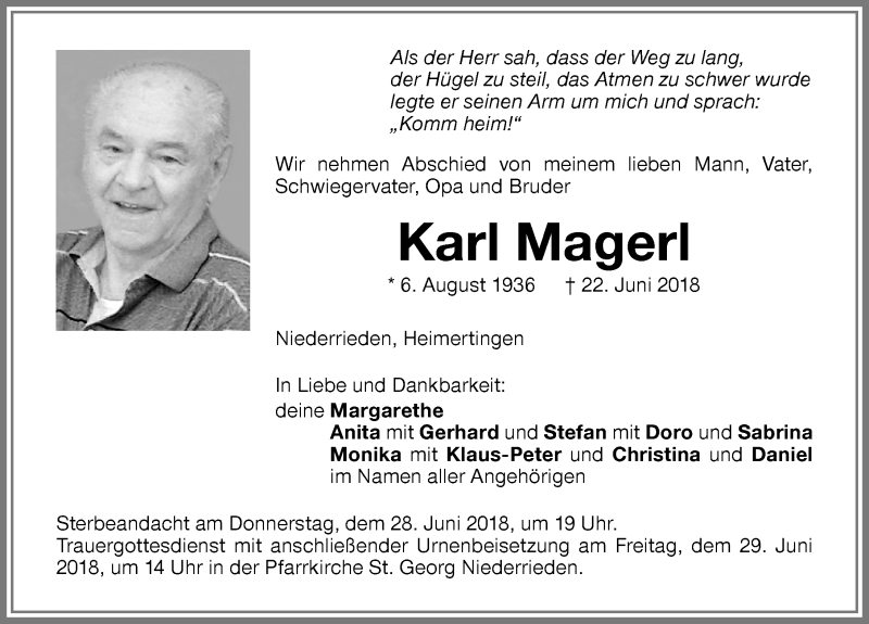  Traueranzeige für Karl Magerl vom 26.06.2018 aus Memminger Zeitung