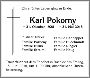 Traueranzeige von Karl Pokorny von Allgäuer Zeitung, Kaufbeuren/Buchloe