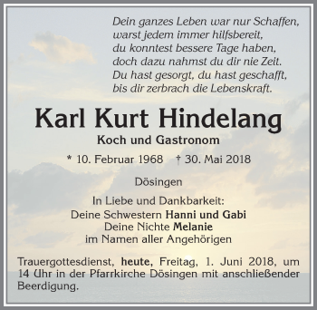 Traueranzeige von Karl Kurt Hindelang von Allgäuer Zeitung, Kaufbeuren/Buchloe