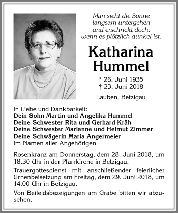 Traueranzeige von Katharina Hummel von Allgäuer Zeitung,Kempten