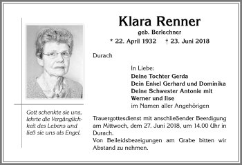 Traueranzeige von Klara Renner von Allgäuer Zeitung,Kempten