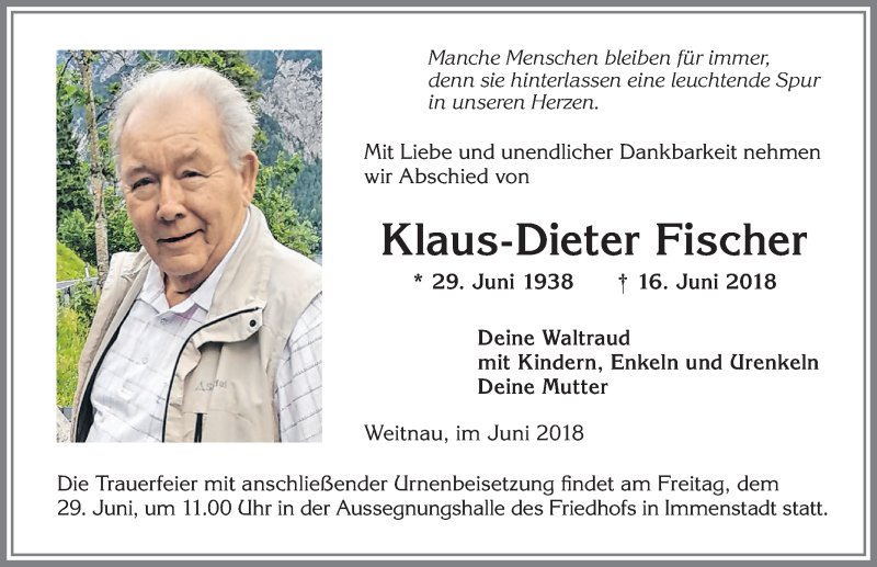  Traueranzeige für Klaus-Dieter Fischer vom 26.06.2018 aus Allgäuer Zeitung