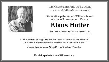 Traueranzeige von Klaus Hutter von Allgäuer Anzeigeblatt
