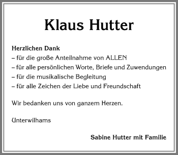 Traueranzeige von Klaus Hutter von Allgäuer Anzeigeblatt