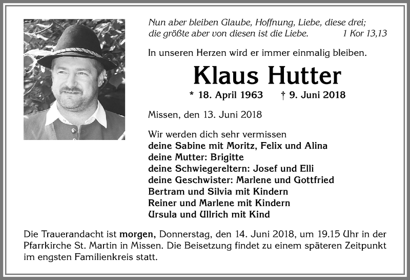  Traueranzeige für Klaus Hutter vom 13.06.2018 aus Allgäuer Anzeigeblatt