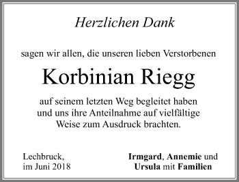 Traueranzeige von Korbinian Riegg von Allgäuer Zeitung, Füssen
