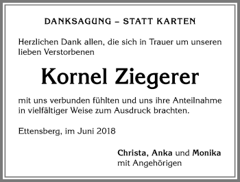 Traueranzeige von Kornel Ziegerer von Allgäuer Zeitung,Kempten
