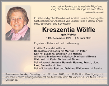 Traueranzeige von Kreszentia Wölfle von Allgäuer Zeitung