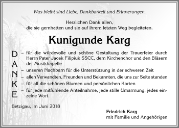 Traueranzeige von Kunigunde Karg von Allgäuer Zeitung,Kempten