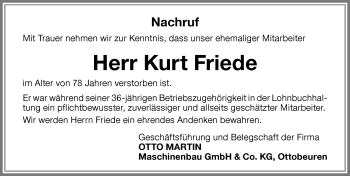 Traueranzeige von Kurt Friede von Memminger Zeitung