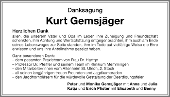 Traueranzeige von Kurt Gemsjäger von Memminger Zeitung