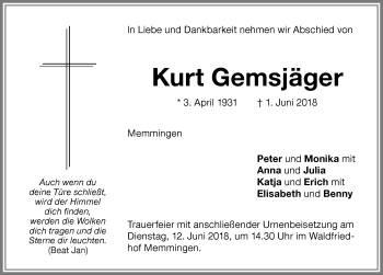 Traueranzeige von Kurt Gemsjäger von Memminger Zeitung