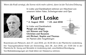 Traueranzeige von Kurt Loske von Allgäuer Zeitung, Kaufbeuren/Buchloe