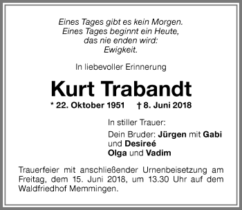 Traueranzeige von Kurt Trabandt von Memminger Zeitung