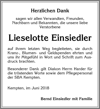 Traueranzeige von Lieselotte Einsiedler von Allgäuer Zeitung,Kempten