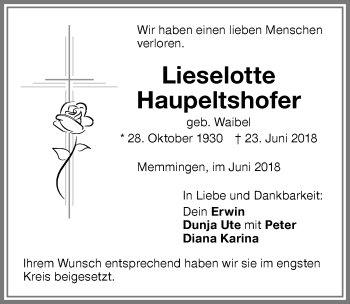 Traueranzeige von Lieselotte Haupeltshofer von Memminger Zeitung