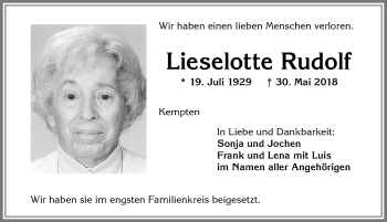 Traueranzeige von Lieselotte Rudolf von Allgäuer Zeitung,Kempten
