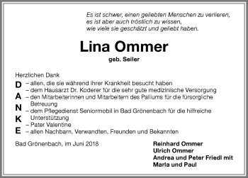 Traueranzeige von Lina Ommer von Memminger Zeitung