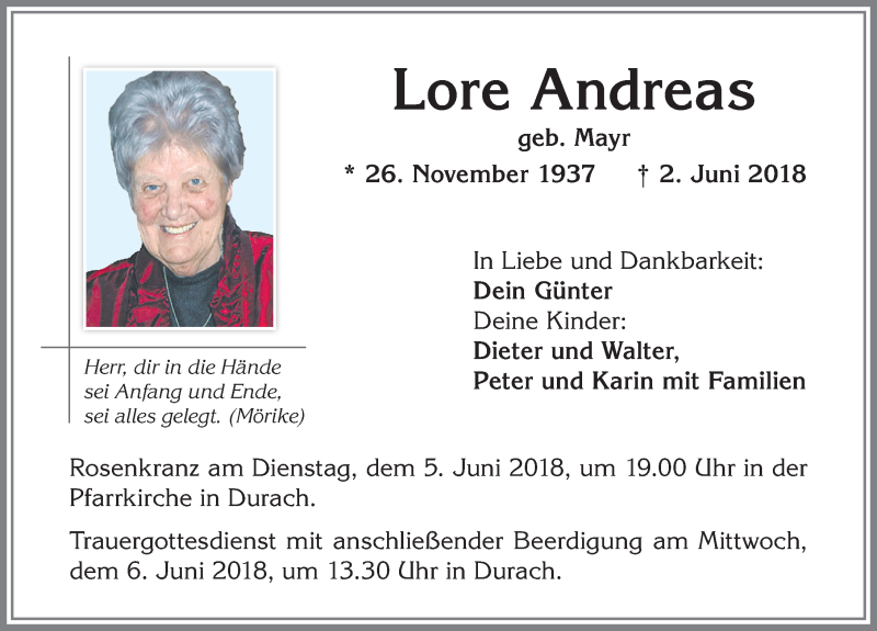  Traueranzeige für Lore Andreas vom 04.06.2018 aus Allgäuer Zeitung