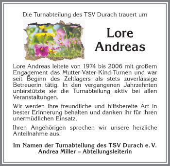 Traueranzeige von Lore Andreas von Allgäuer Zeitung,Kempten