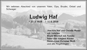 Traueranzeige von Ludwig Haf von Allgäuer Anzeigeblatt
