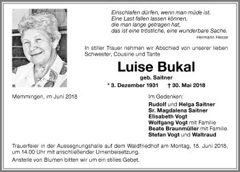Traueranzeige von Luise Bukal von Memminger Zeitung