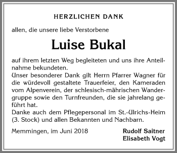 Traueranzeige von Luise Bukal von Memminger Zeitung
