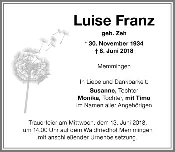 Traueranzeige von Luise Franz von Memminger Zeitung