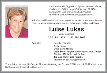 Traueranzeige von Luise Lukas von Allgäuer Zeitung,Kempten