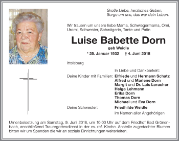 Traueranzeige von Luise Babette Dorn von Memminger Zeitung