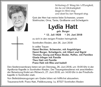 Traueranzeige von Lydia Hatt von Allgäuer Anzeigeblatt
