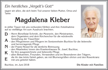 Traueranzeige von Magdalena Kleber von Allgäuer Zeitung, Kaufbeuren/Buchloe