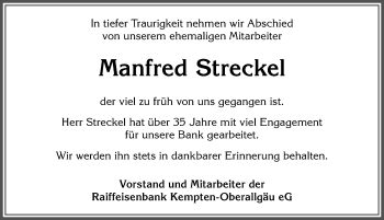 Traueranzeige von Manfred Streckel von Allgäuer Anzeigeblatt