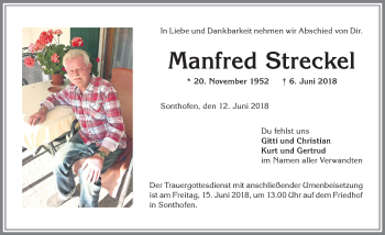 Traueranzeige von Manfred Streckel von Allgäuer Anzeigeblatt