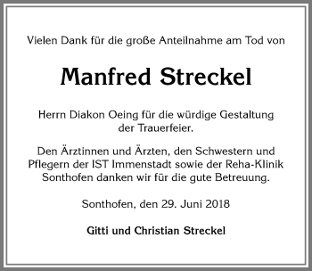 Traueranzeige von Manfred Streckel von Allgäuer Anzeigeblatt