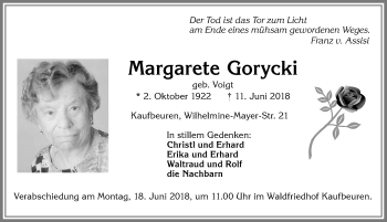 Traueranzeige von Margarete Gorycki von Allgäuer Zeitung, Kaufbeuren/Buchloe