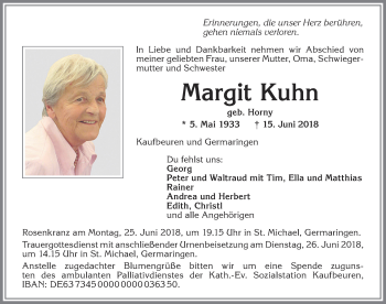 Traueranzeige von Margit Kuhn von Allgäuer Zeitung, Kaufbeuren/Buchloe